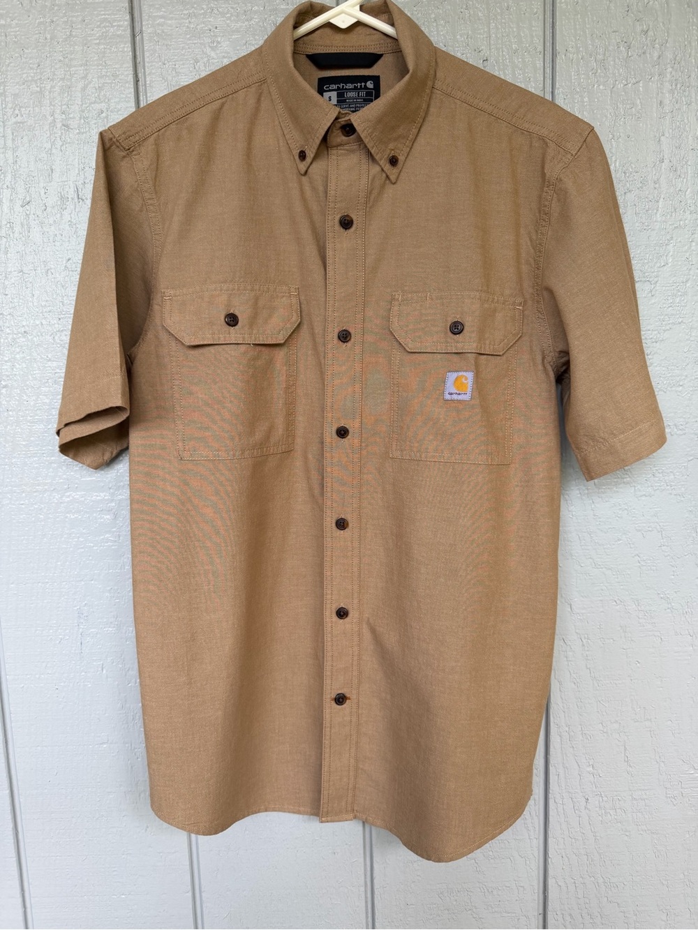 Sz S Carhartt Mens Button-Down Shirt in dark Tan chambray.. like new condition - Picture 2 of 13